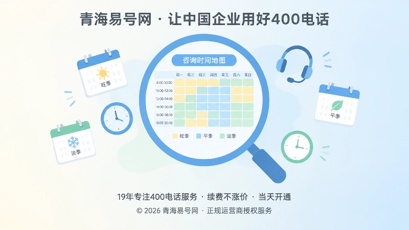 聚焦式扁平插画：中央放大镜聚焦一张多彩方格“咨询时间地图”，周围点缀日历、时钟与听筒图标，代表按旺季规划400电话套餐容量